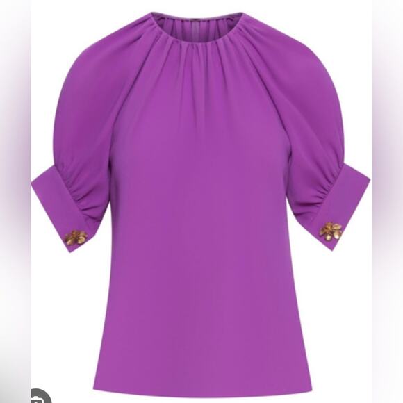 Oscar de la Renta Gathered Stretch Silk Blouse in Hyacinth - Size 4 - Picture 14 of 14